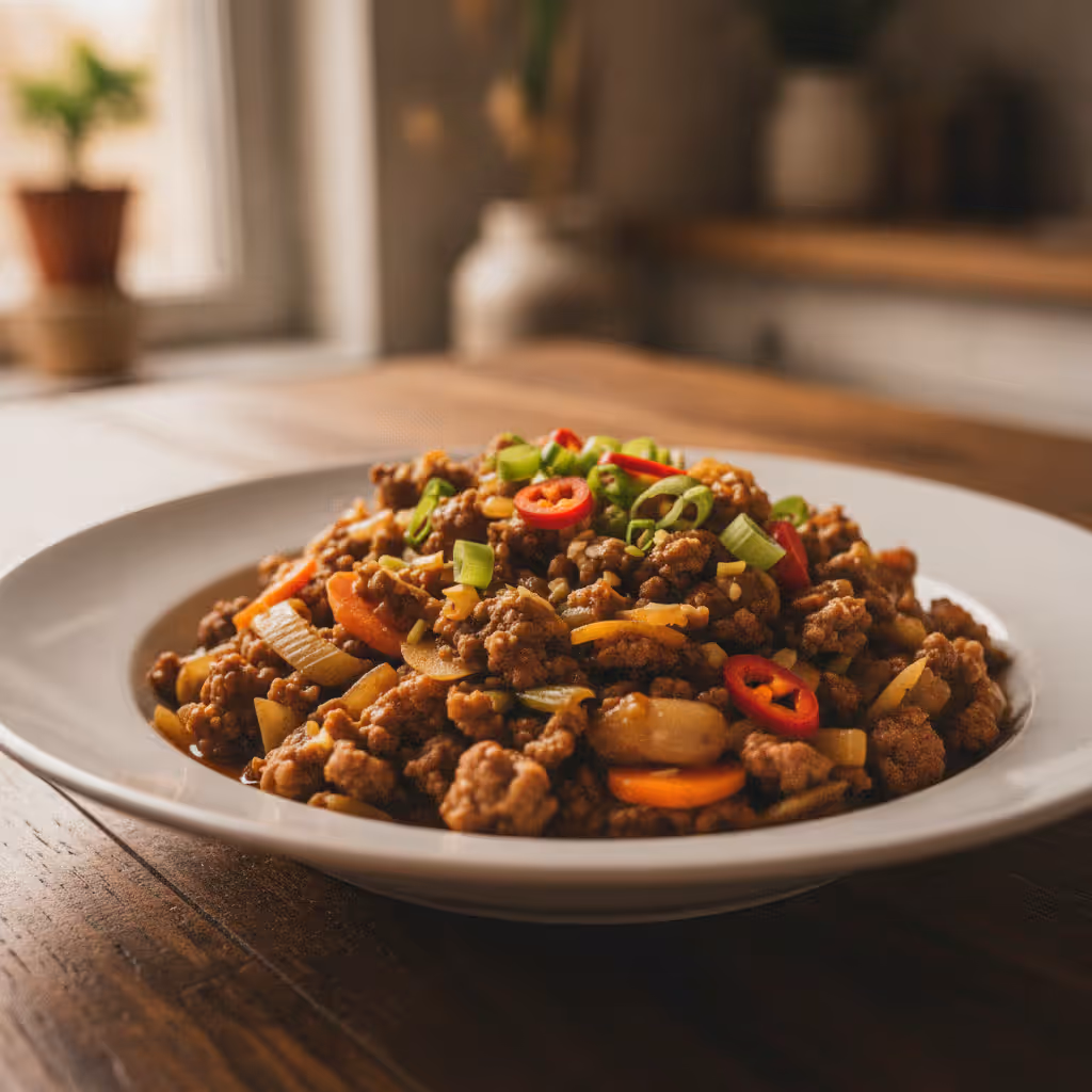 Asiatisk köttfärsgryta, färdig att servera