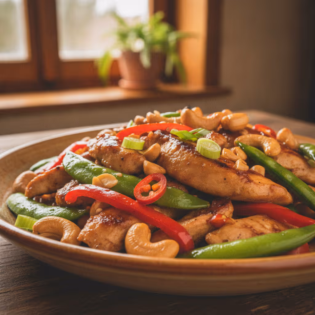 Asiatisk kycklingwok med cashewnötter, färdig att servera
