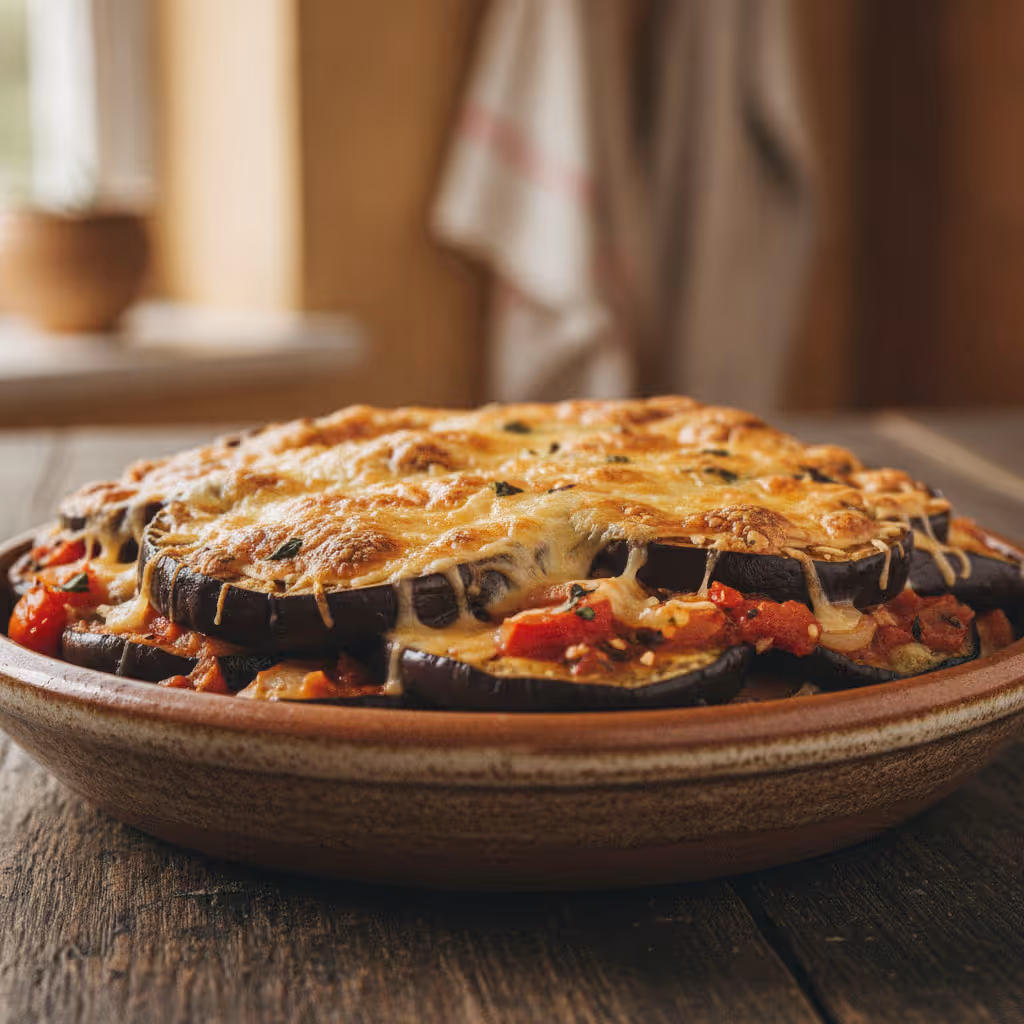 Auberginepizza, färdig att servera