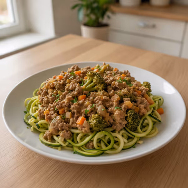 Broccoli- och köttfärssås till grönsaksnudlar