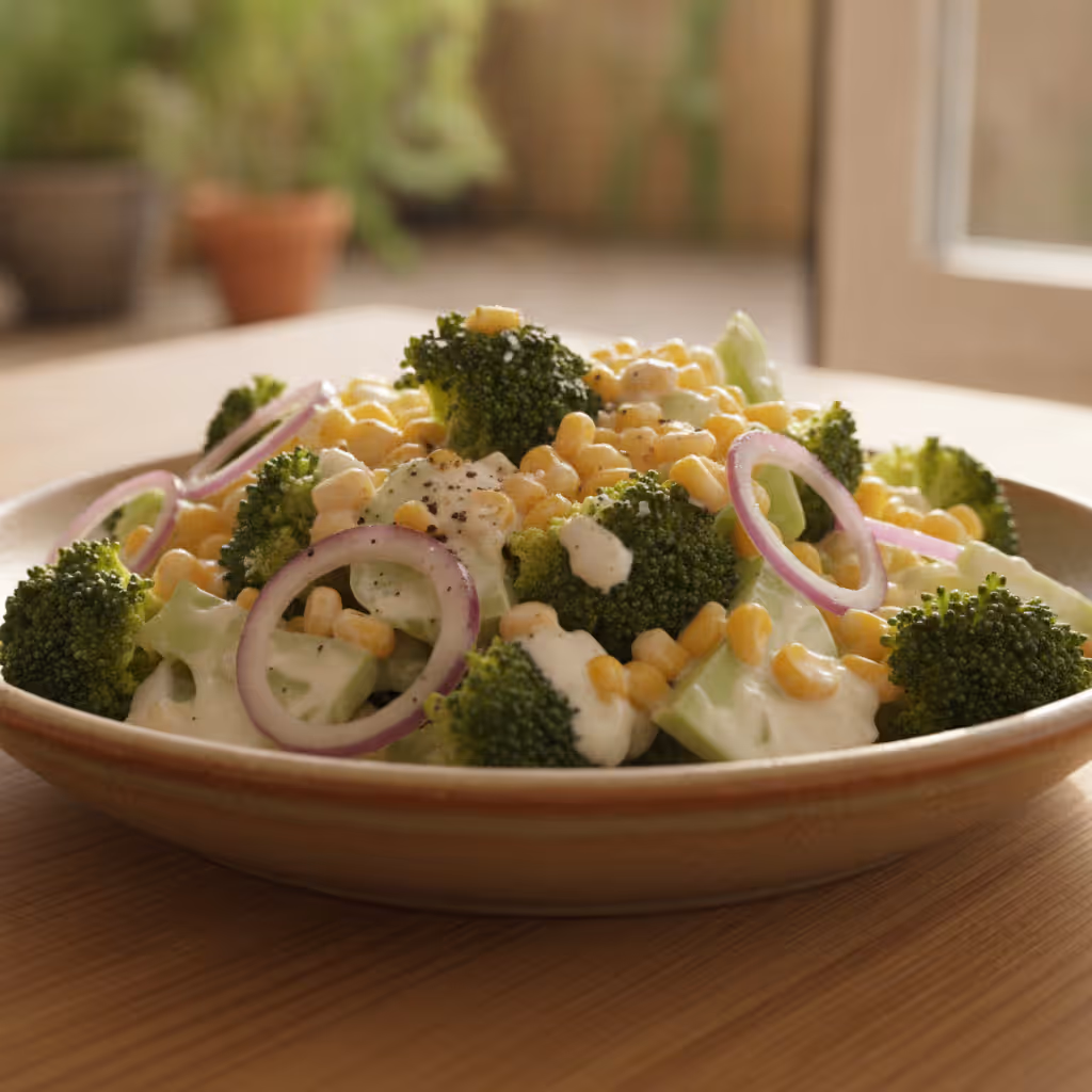 Broccoli- och majssallad, färdig att servera